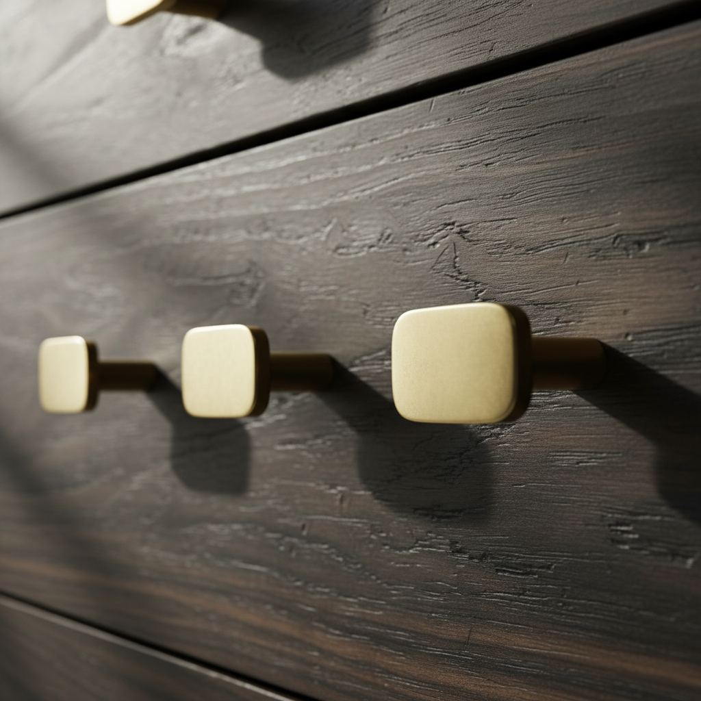 Close-up of elegant brass cabinet pulls on a wooden drawer, showcasing quality craftsmanship