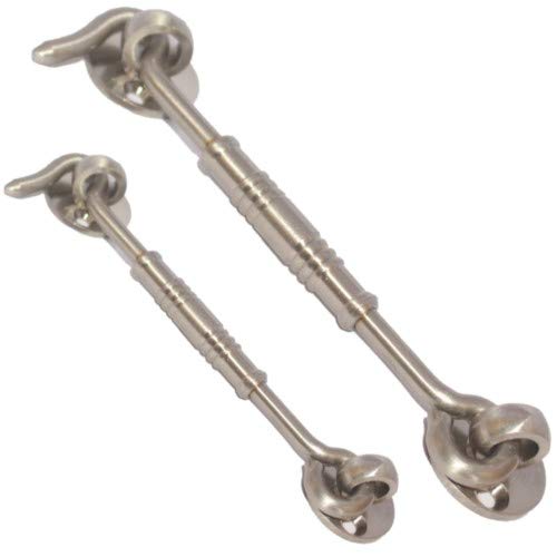Two RiseOm silver-finish gate hooks with round mounting plates, shown side by side on a white background